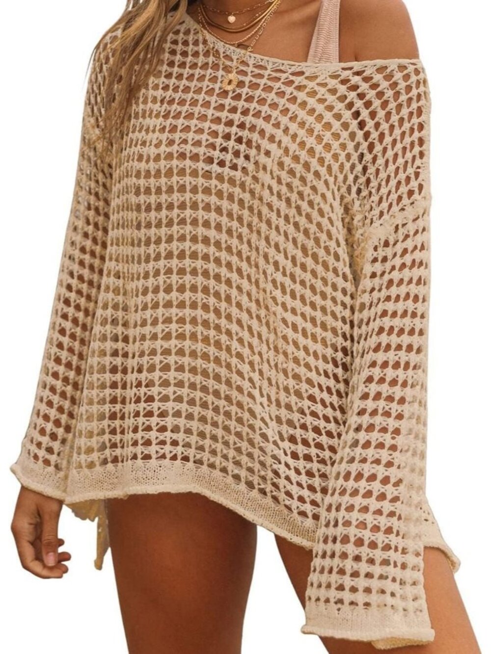 Women's Apricot Acrylic Crochet Cover Up Swim Bathing Suit Cover Up Long Sleeves